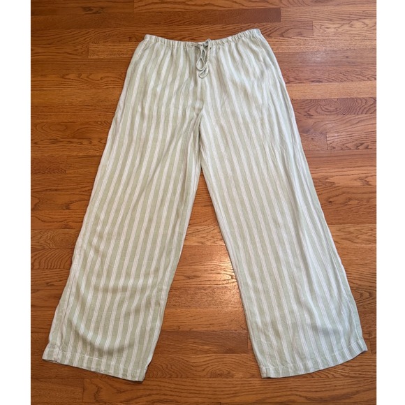Cali 1850 Pants - Cali 1850 Linen Blend Striped Wide Leg Pants Sage Green White Large